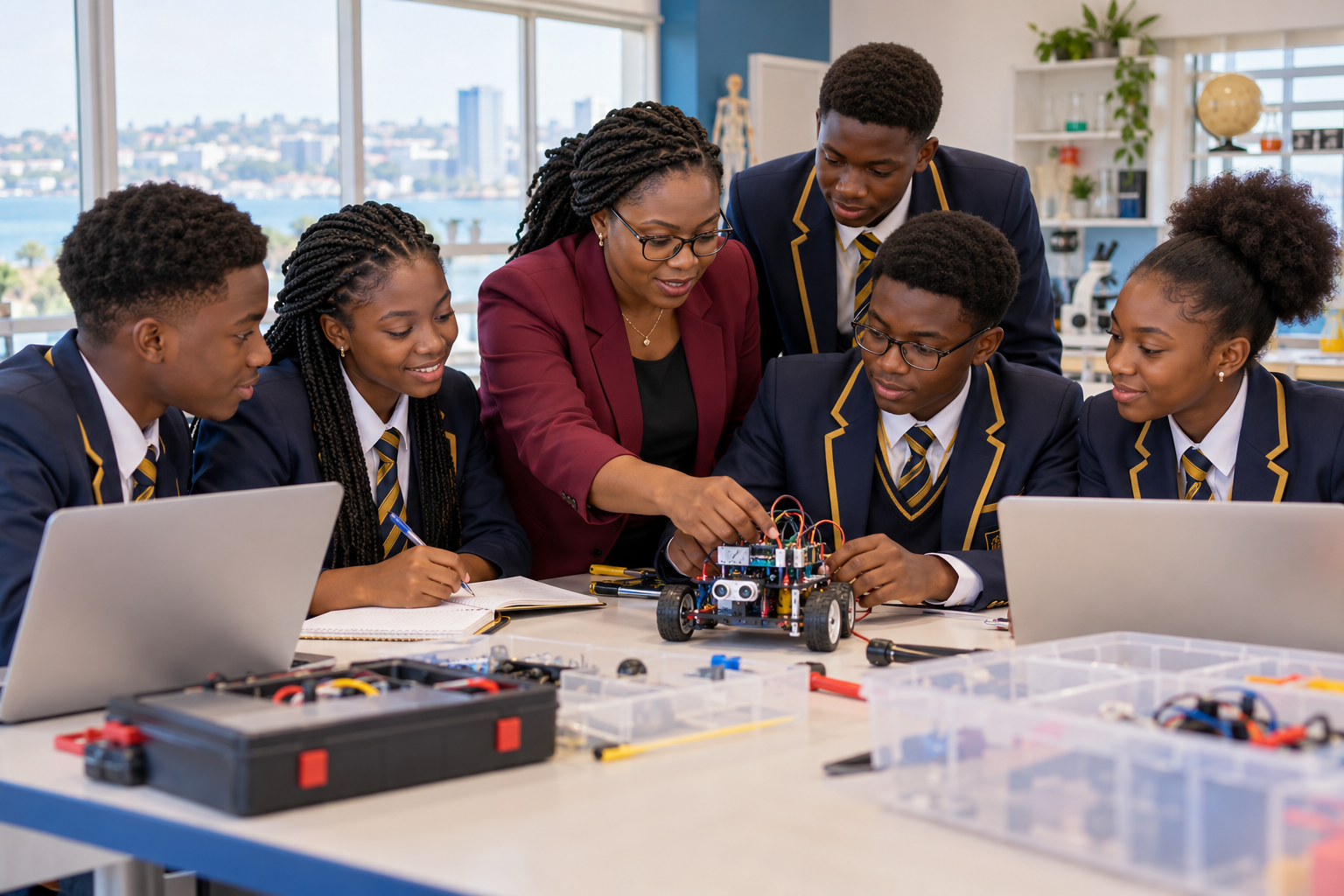 Fictional Unity Bridge Academy students collaborating in a science classroom